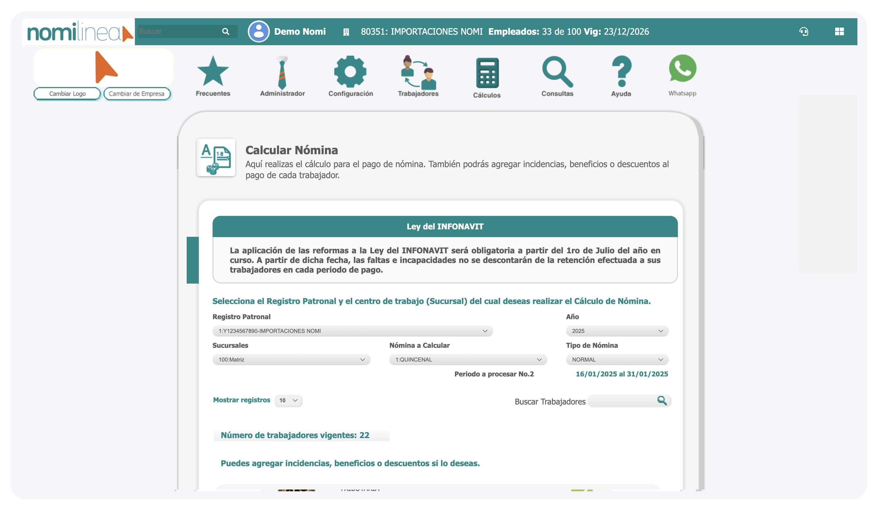 Pantalla de Cálculo de Nómina