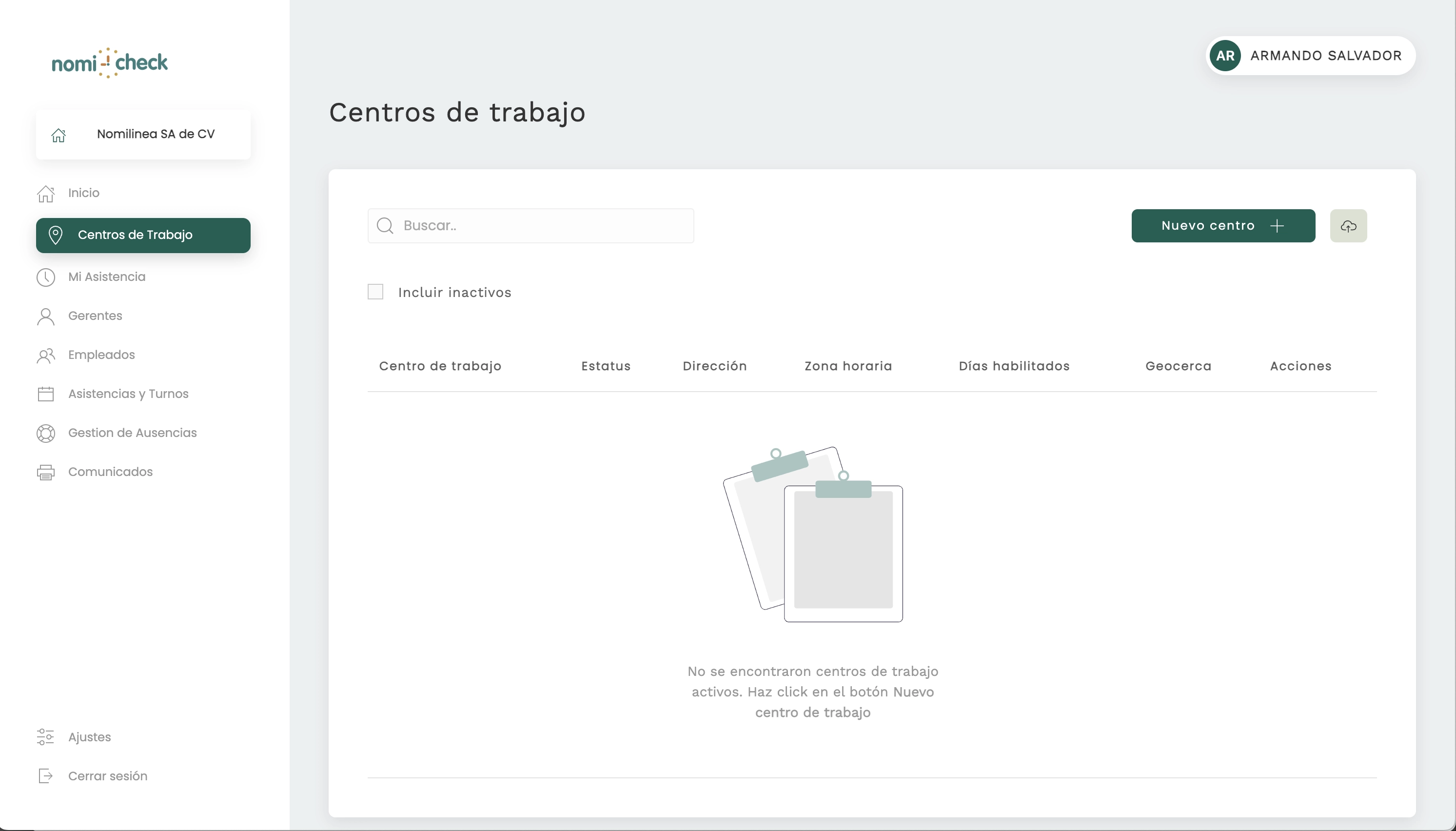 Pantalla de centros de trabajo en nomi check